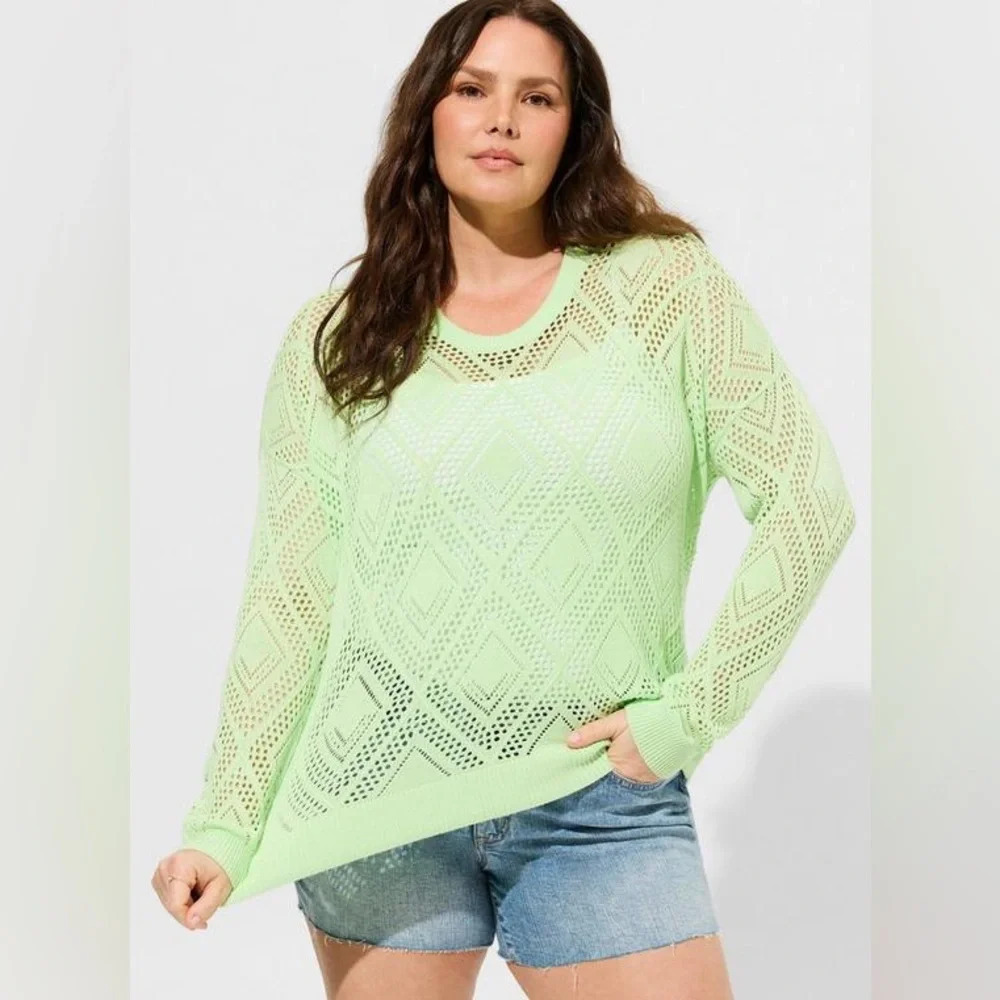 Torrid Paradise Green Pointelle Open Crochet style Sweater Breathable